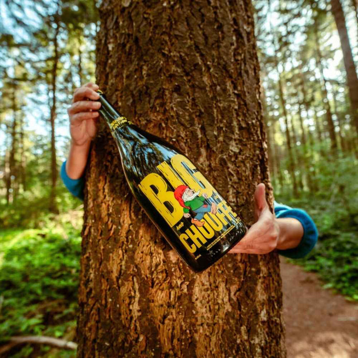 braços abraçam a Garrafa cerveja belga Big Chouffe Magnum à volta de um tronco no meio da floresta