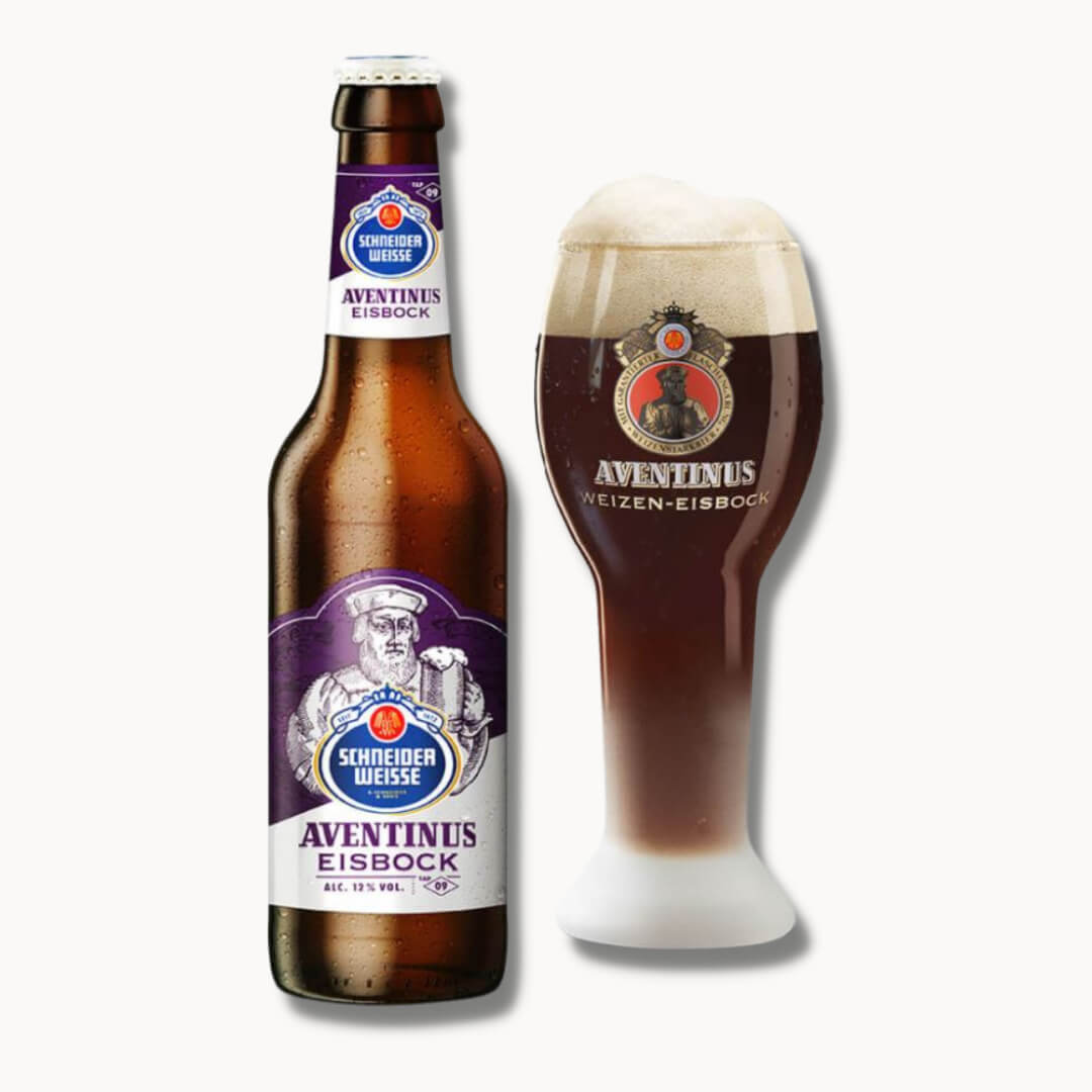 Garrafa de cerveja Schneiderweisse-Aventinus Eisbock-33 cl e copo cheio